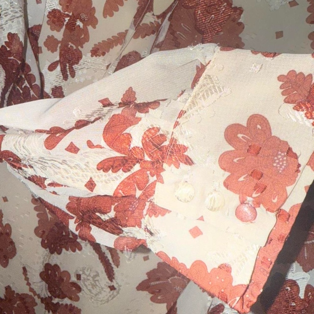 Baltic Born Women Large Reddish Brown Metallic Floral Blouse Ruffle Collar Sheer - Picture 7 of 9